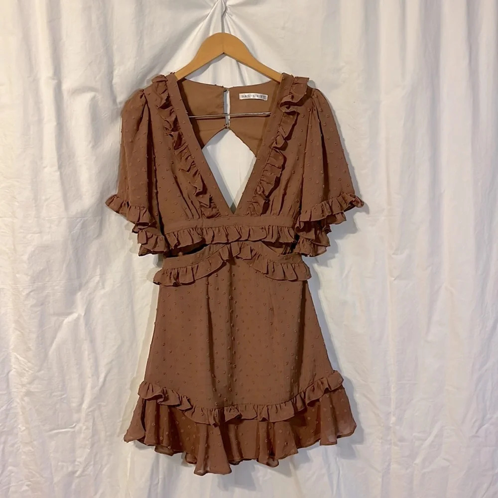 Saints + Secrets ‘Swiss Dot’ Ruffle Dress with Side Cut Outs and Deep Vneck